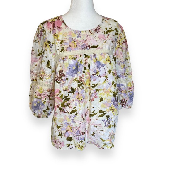 Sanctuary Linen Blend Top Ivory Eyelet Gathered Keyhole Back Floral 3/4 Sleeve - Picture 3 of 9